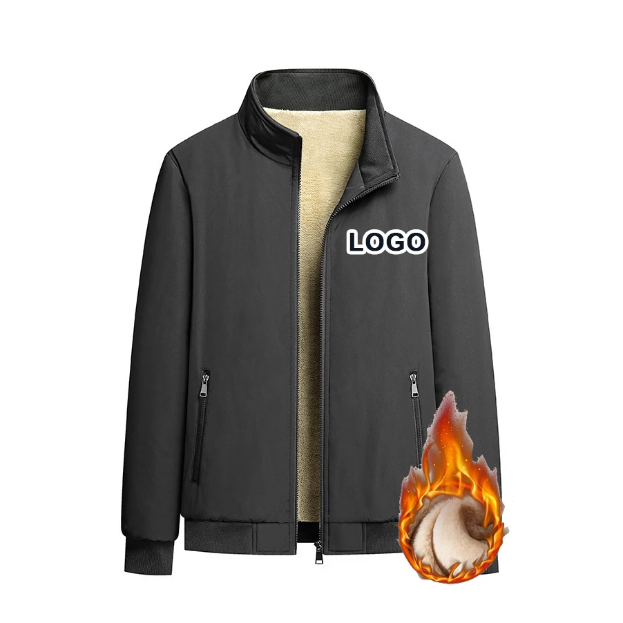 Individuelles Logo Fleece-gefütterte Verdickte Winter-Fleecejacke Warme Lässige Herren Stehkragenjacke Gepolsterte Gesteppte Jacke Übergröße Mantel für Männer