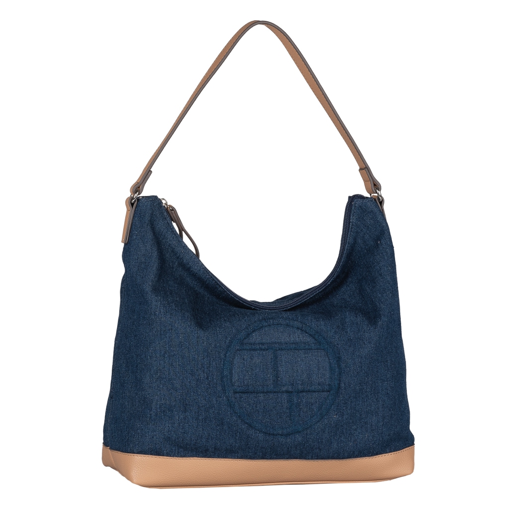 Hobo TOM TAILOR "Gilda", Herren, Gr. B/H/T: 31cm x 30,5cm x 12cm, denim blau, Baumwolle, Lederimitat, Taschen Hobo, Damen Tragetasche, Schultertasche mit großem Tom-Tailor-Logo