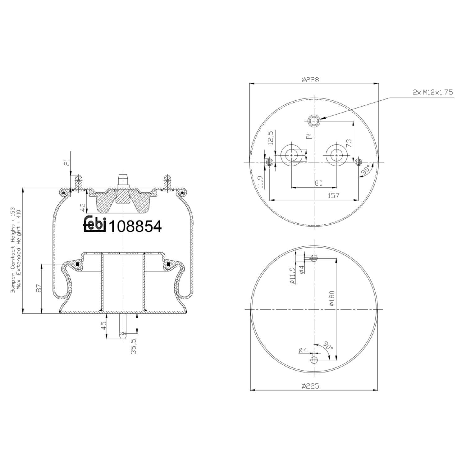FEBI BILSTEIN Federbalg, Luftfederung 108854 Universal vorne rechts links mit Kolben 228mm