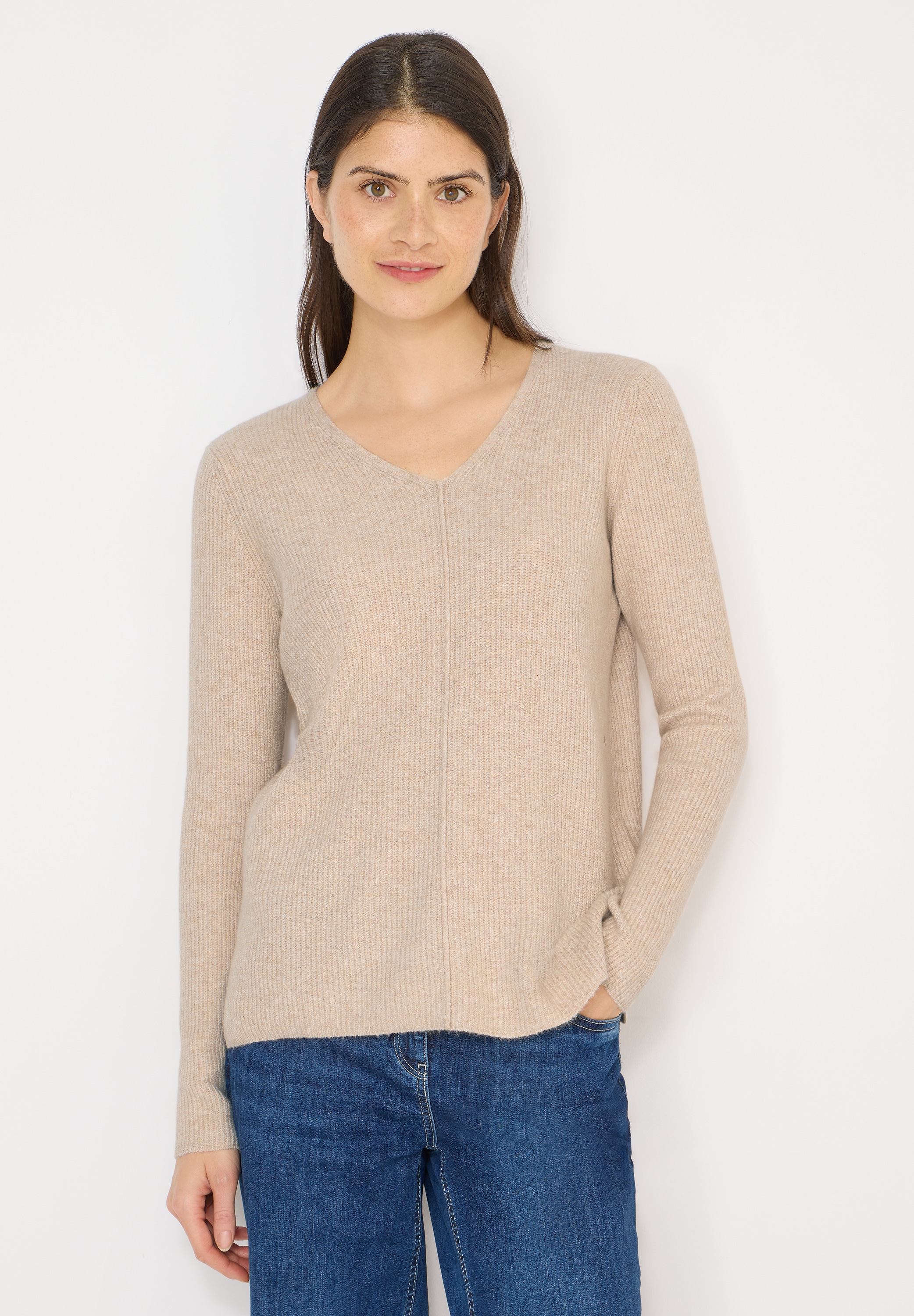 Strickpullover CECIL, Damen, Gr. XS (36), desert beige melange, Web, 37% Baumwolle, 34% Polyacryl, 26% Polyester, 3% Elasthan, unifarben, normal normal, V-Ausschnitt, eingefasste Kante, Pullover Strickpullover, mit V-Ausschnitt