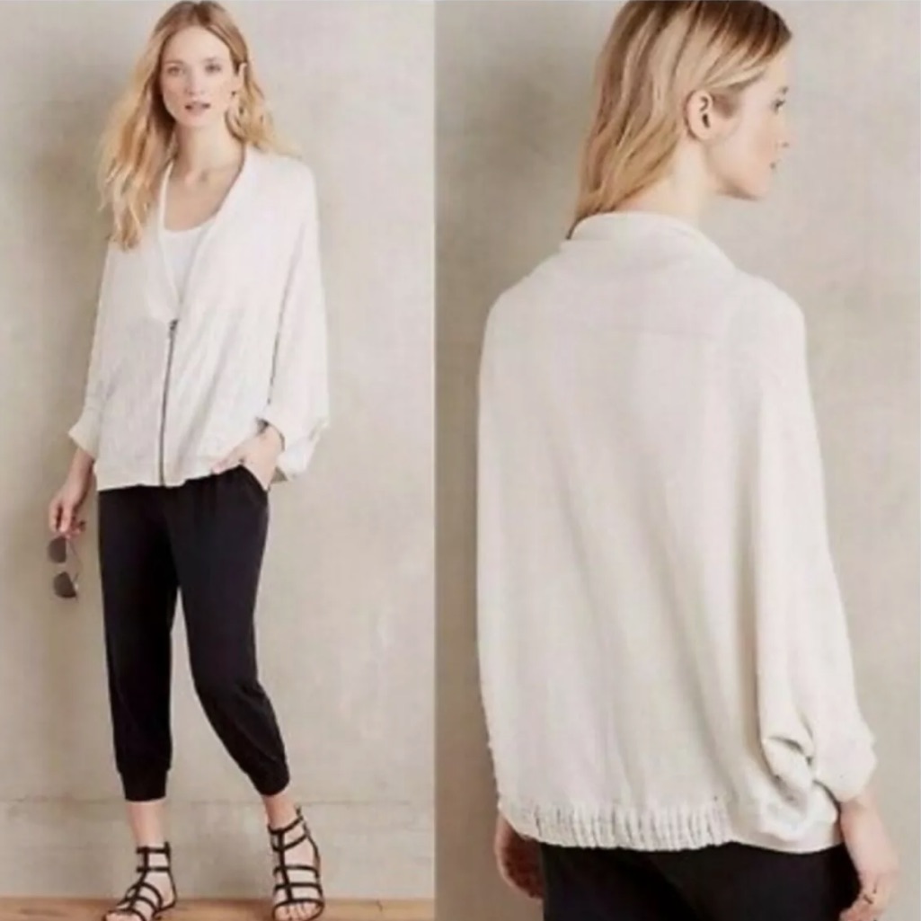 Anthropologie Sweaters | Anthropologie Moth Cocoon Dolman Sleeve Linen Cardigan Zip Sweater Size Medium | Color: Cream/Gray | Size: M