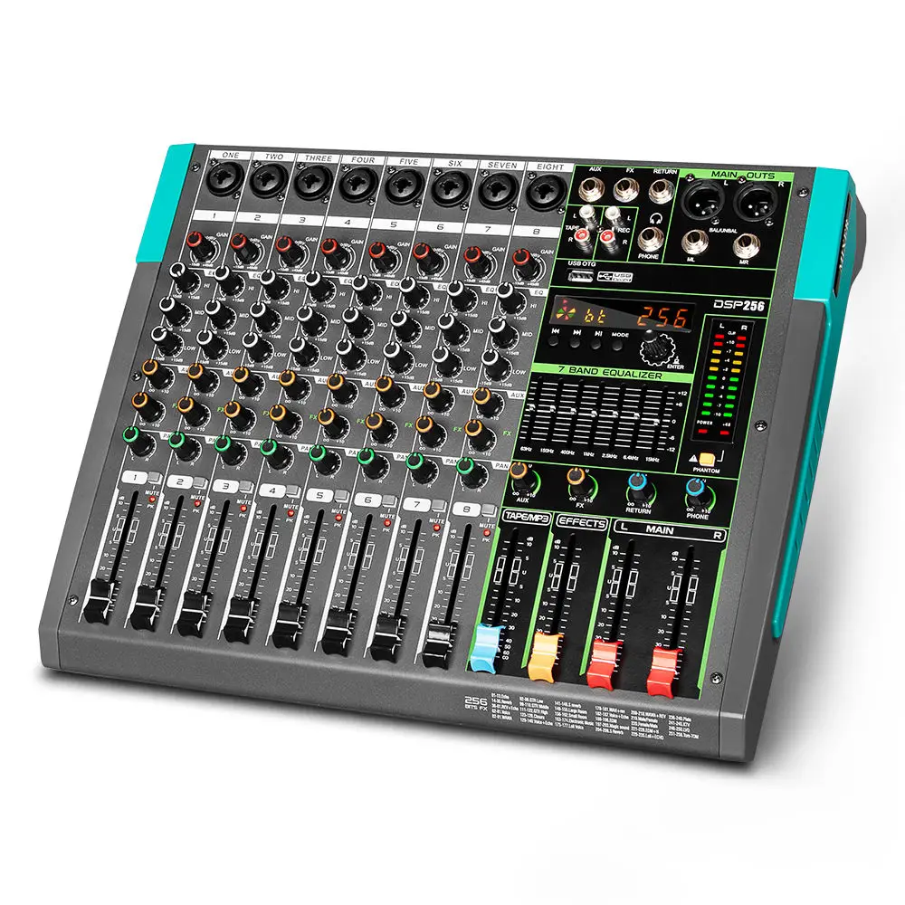 GT8 professionale Mixer Audio 256 effetti 8 canali 500W * 2 potenza Console digitale Mixer amplificatore per Studio palco