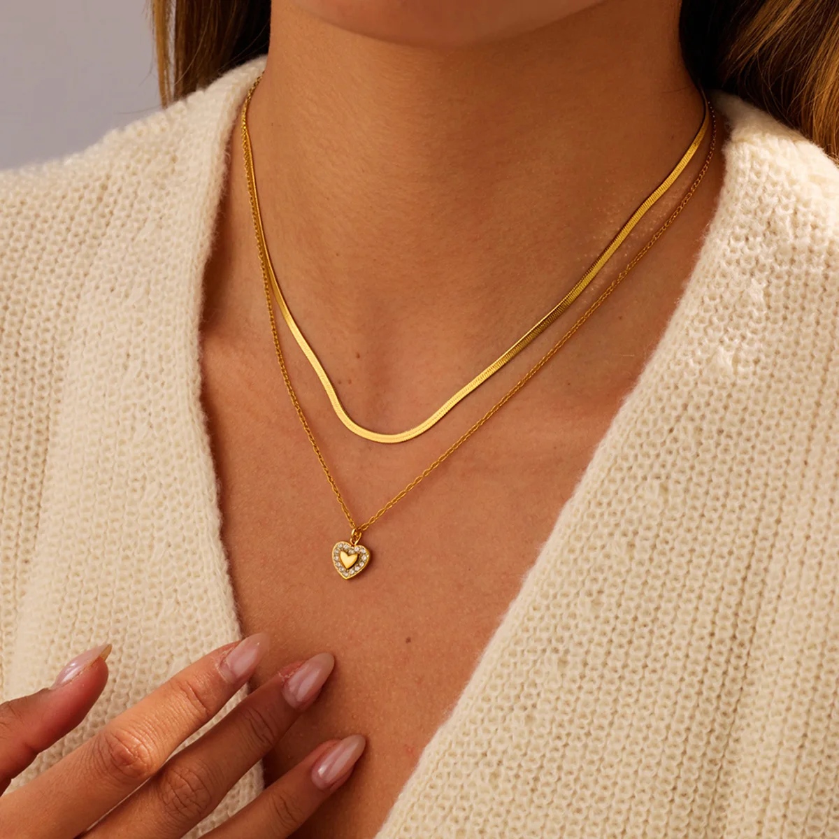 Set di Gioielli da Donna alla Moda Collana e Orecchini in Acciaio Inossidabile Collana a Doppio Strato con Cuore e Set di Orecchini per Regalo