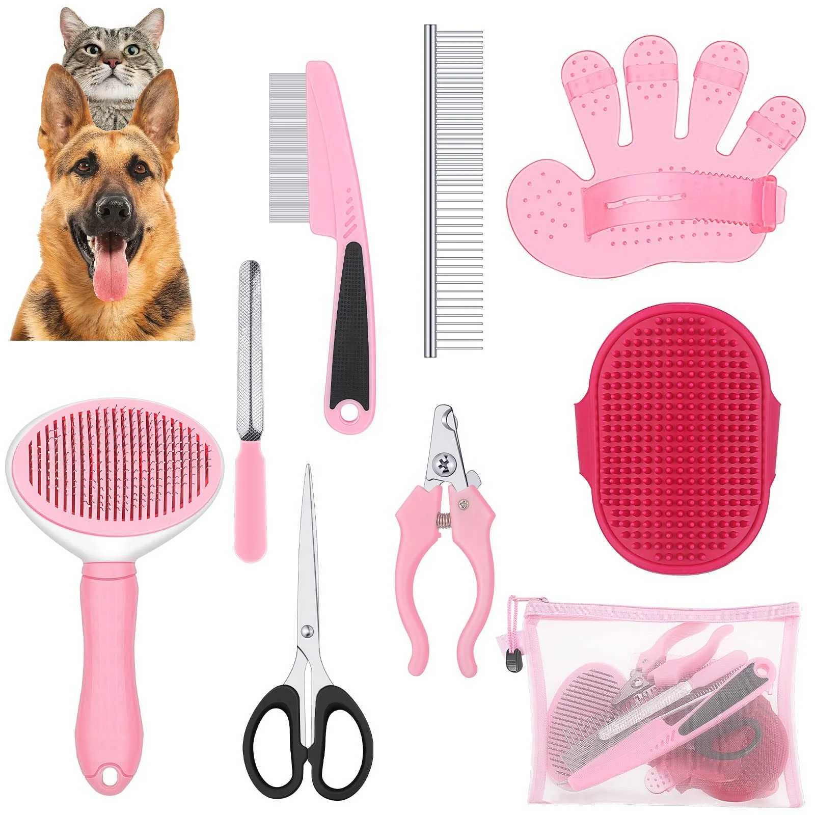 Kit di Toelettatura per Cani 9 Pezzi Spazzola da Bagno per Cani Set Completo di Accessori per Cani e Gatti Facile da Usare