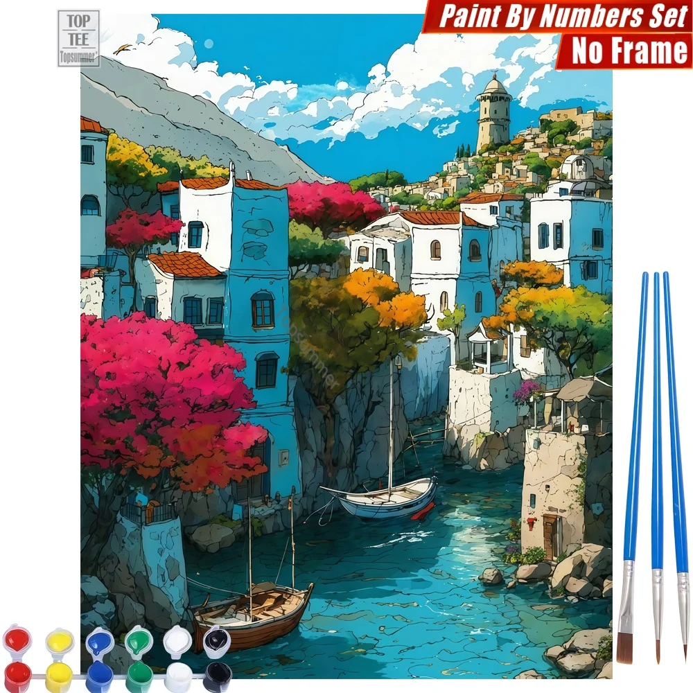 Mediterrane Häuser im Stadtbild zum Selbermachen, digitales Ölgemälde-Set – ruhiges Meer, gemachtes Wanddekor für Zuhause, Weihnachtsgeschenk für Mama