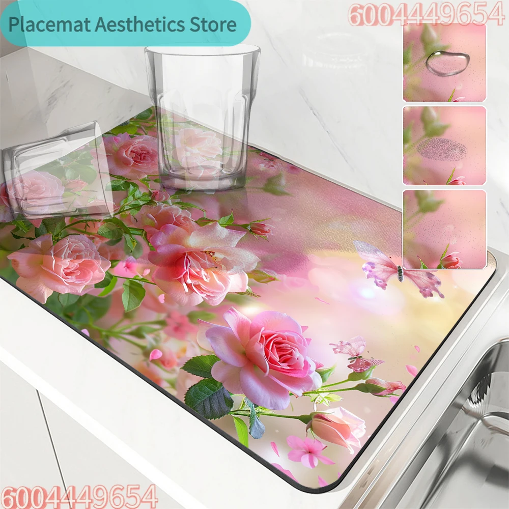 Große Küchen-Absorbiermatte mit Blumen- und Rosenmuster, Rutschfeste Abtropfmatte für Kaffee und Geschirr, Schnelltrocknende Badezimmer-Abtropfmatte, Tischwarenmatte Image