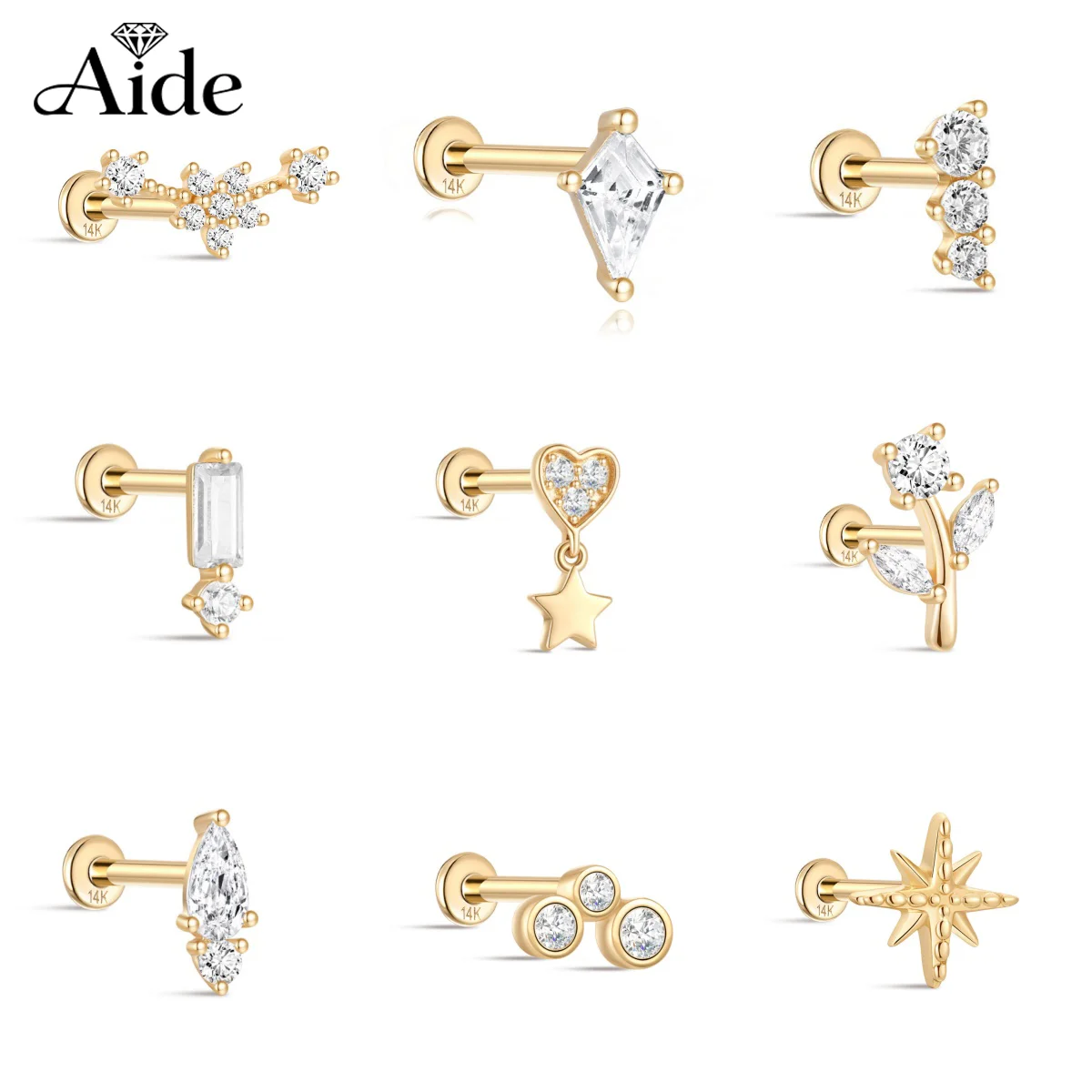 AIDE 14K massives Gold, geometrischer Stern-/Blumen-Piercing-Ohrring für Damen, zierliche, luxuriöse Ohrringe mit flacher Rückseite, für Partys, Alltag, Geschenke Image