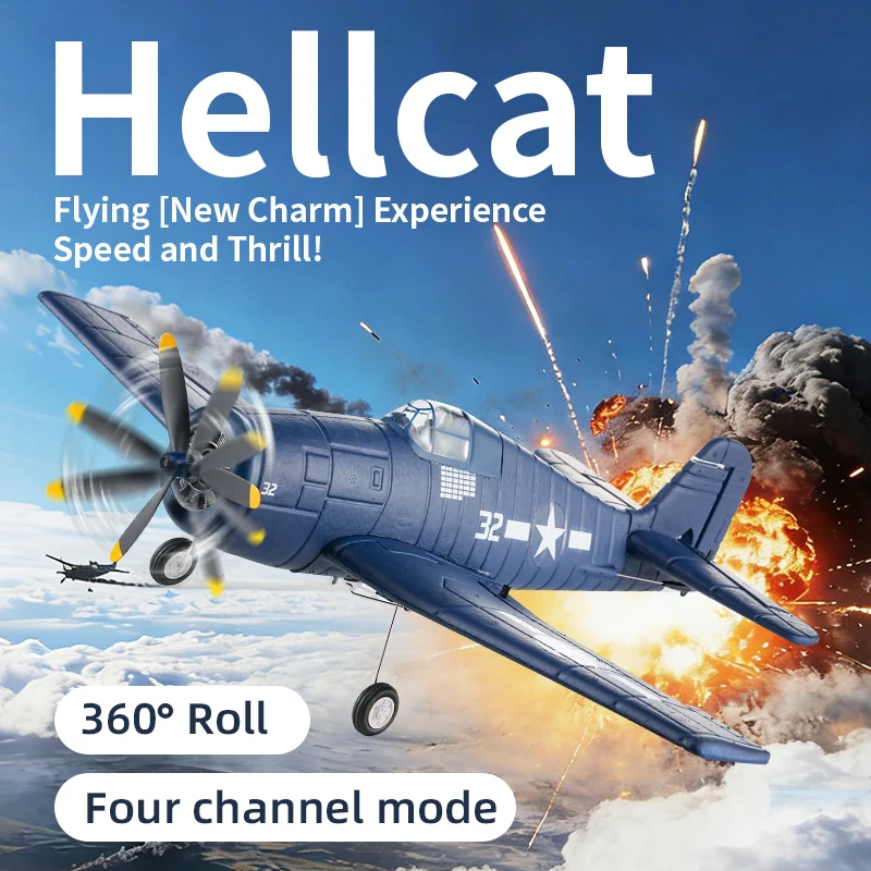 F6F Hellcat RC Kampfflugzeug 2.4G 4CH Bürstenloser EPP-Schaumstoff-Flugzeug mit festem Spannweitenflügel, Ein-Tasten-Stunt-RC-Flugzeug mit Niedrigbatterie-Alarm, RC-Spielzeug