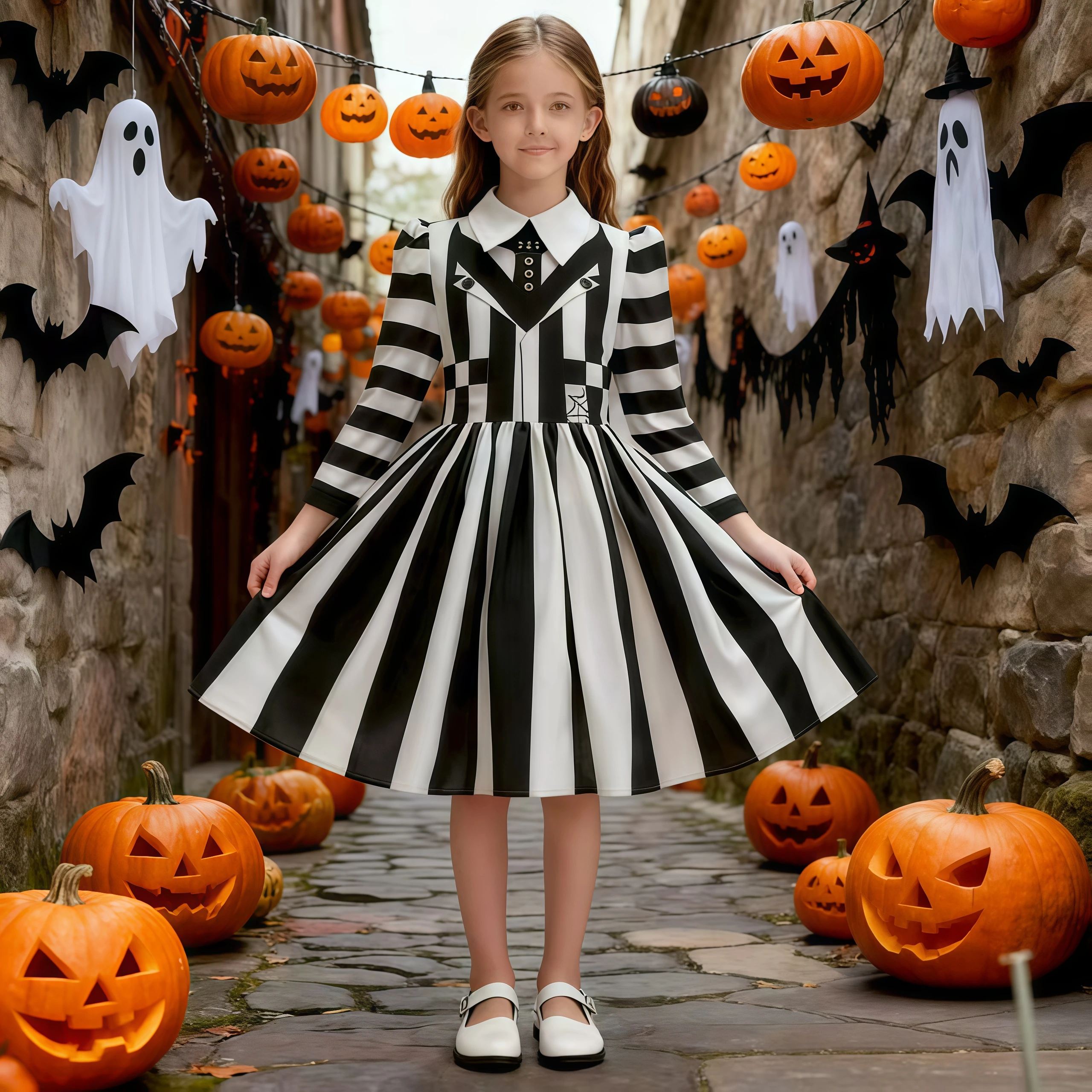 Kinder Mädchen Horror Film Halloween Kostüm Schwarz Und Weiß Gestreiften Prinzessin Kleid Für Kinder Karneval Party Cosplay Fancy Outfit Image