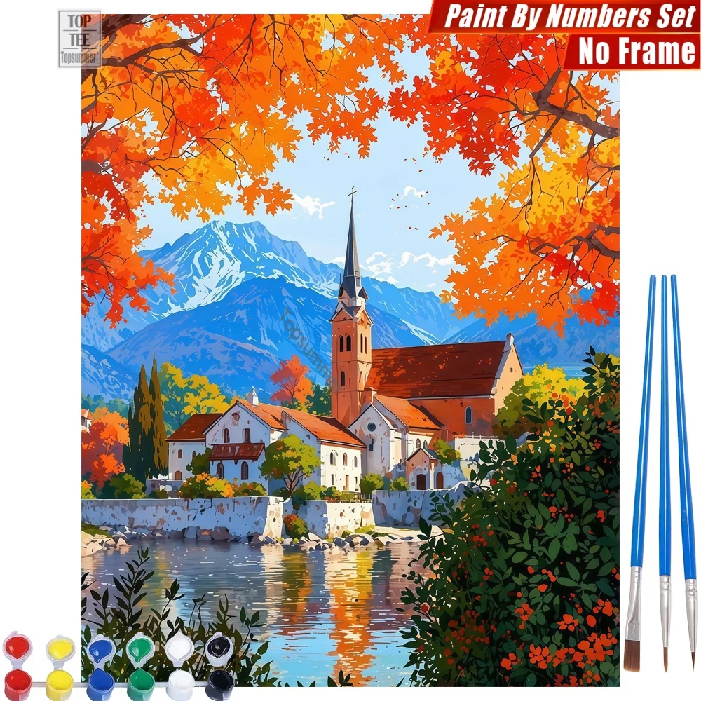 Herbstliche Dorfszenerie Malen nach Zahlen Set - Orange-rote weiße Berge Abstrakte Wandkunst Tag der Toten Geschenk für Papa Image