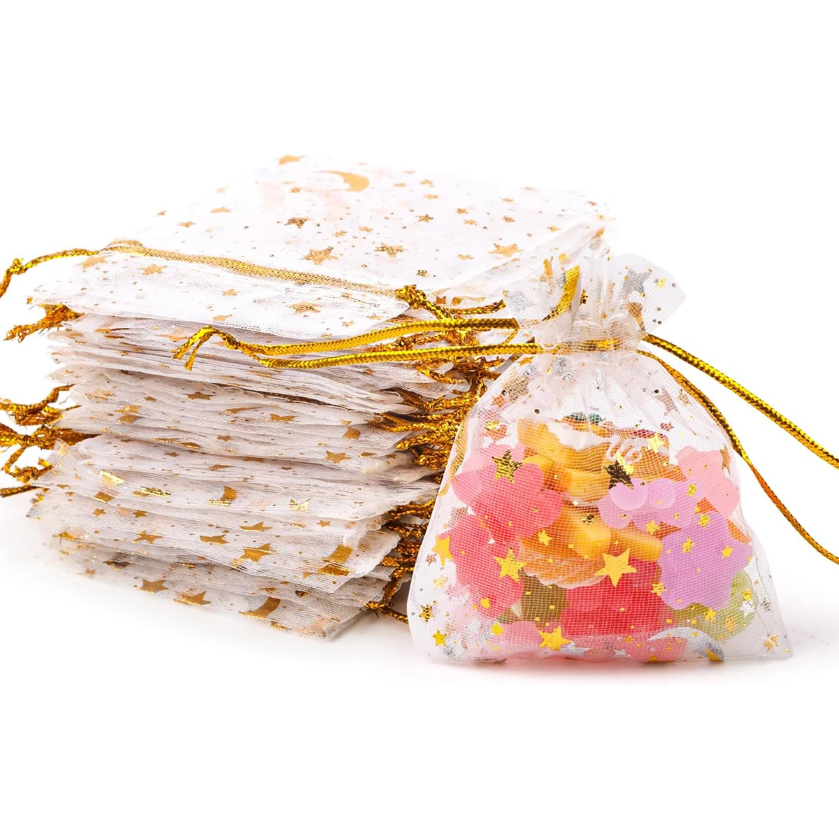 20 Stück/50 Stück/100 Stück Organzabeutel mit Kordelzug, ausziehbare Netz-Geschenkverpackungsbeutel, Stern-Mond-Schmuckbeutel, Festival, 9×12 cm (weiß), Pouc Image