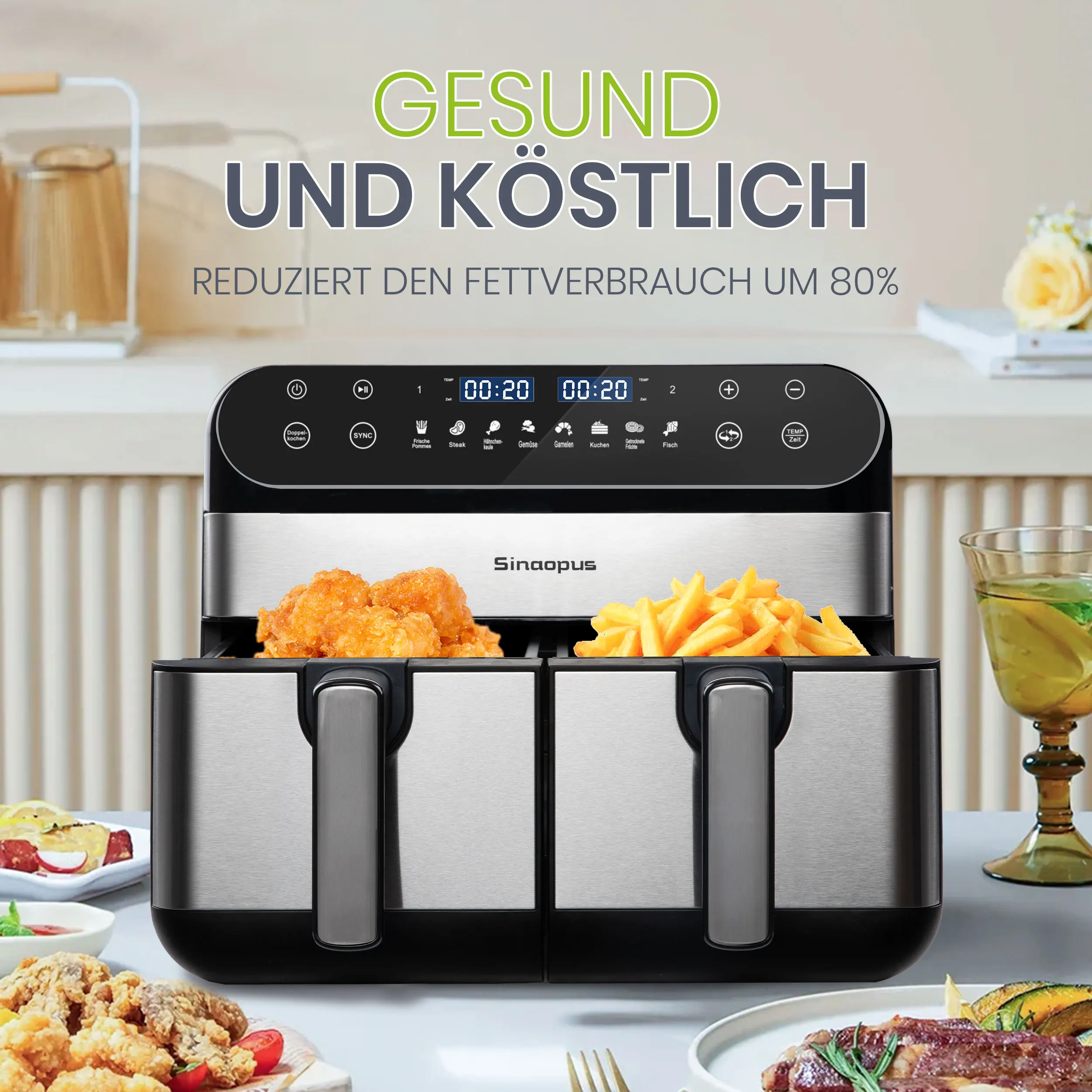 10 l Heißluftfritteuse, Doppelkorb für einfaches Frittieren, Touchscreen, 2400 W, elektrischer Heißluftfritteuse-Ofen, einstellbare Zeit, 8 Kochfunktionen