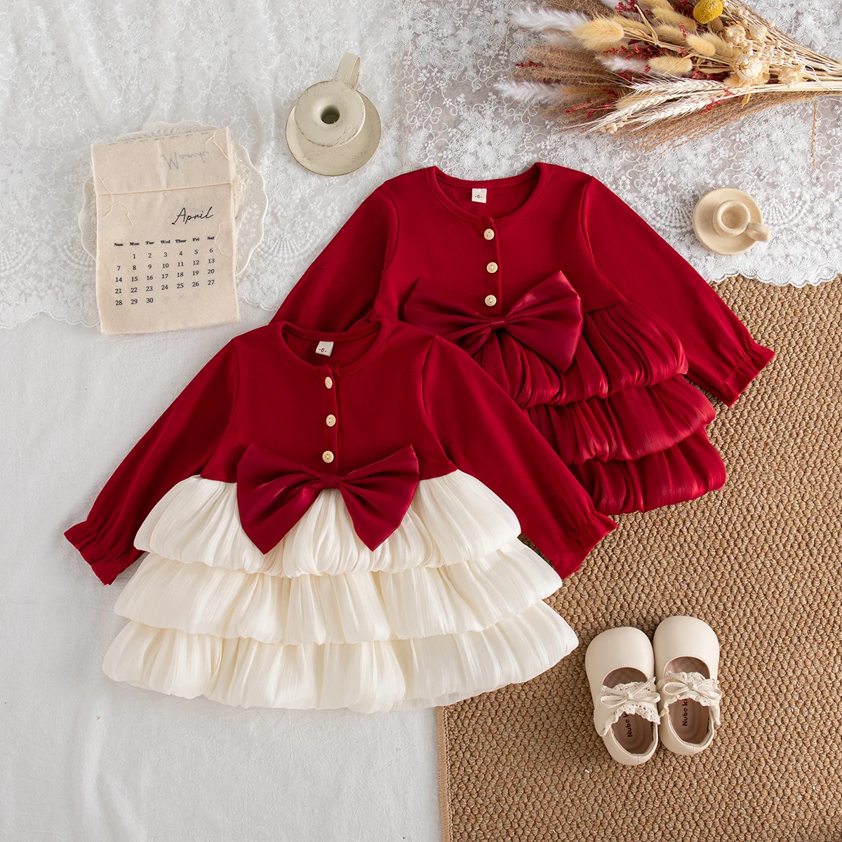 Frühlings- und Herbstkleid für Babys mit roter Schleife, süße und niedliche Kinderkleidung, geeignet für Weihnachtsfeiern (6–24 Monate) Image