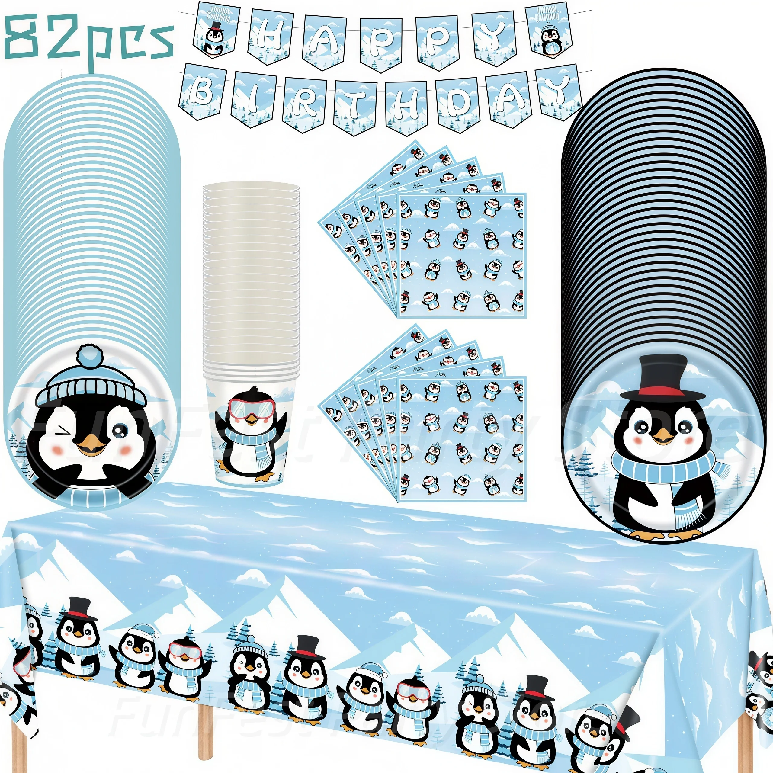Cartoon-Pinguin-Thema Geburtstagsparty-Dekoration Papierbecher Teller Tortendekoration Schneeflocken-Banner Baby-Shower-Zubehör Dekorationen Image