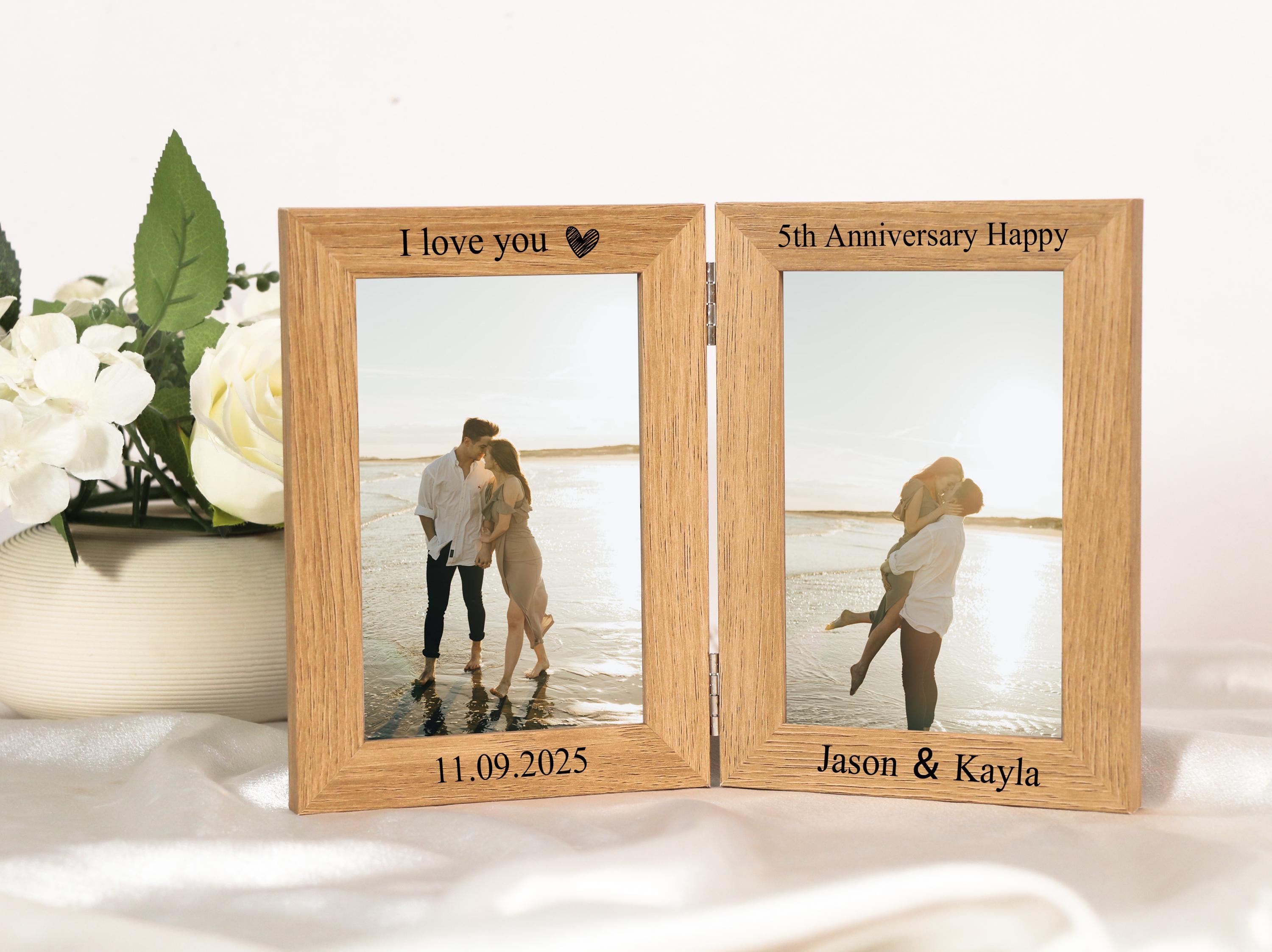 Cornice portafoto per il 5o anniversario di matrimonio in legno, doppia cornice in legno 4x6, cornice portafoto personalizzata con incisione, regalo p
