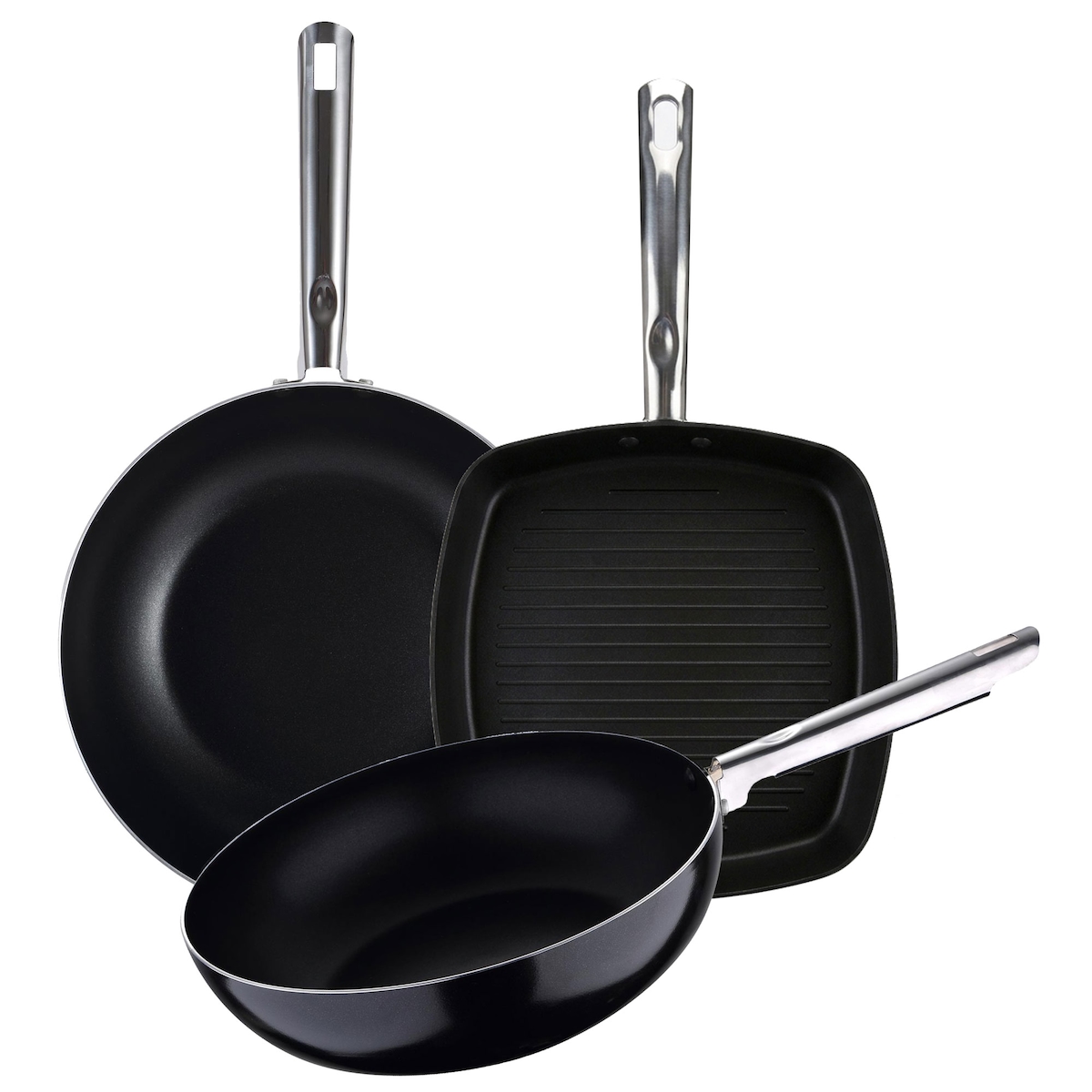 Chef sauce - Set aus Pfanne Ø30 cm, Wok Ø28 cm und Grillpfanne 28×28 cm aus Gepresstem Aluminium - PIXEL PRO Image