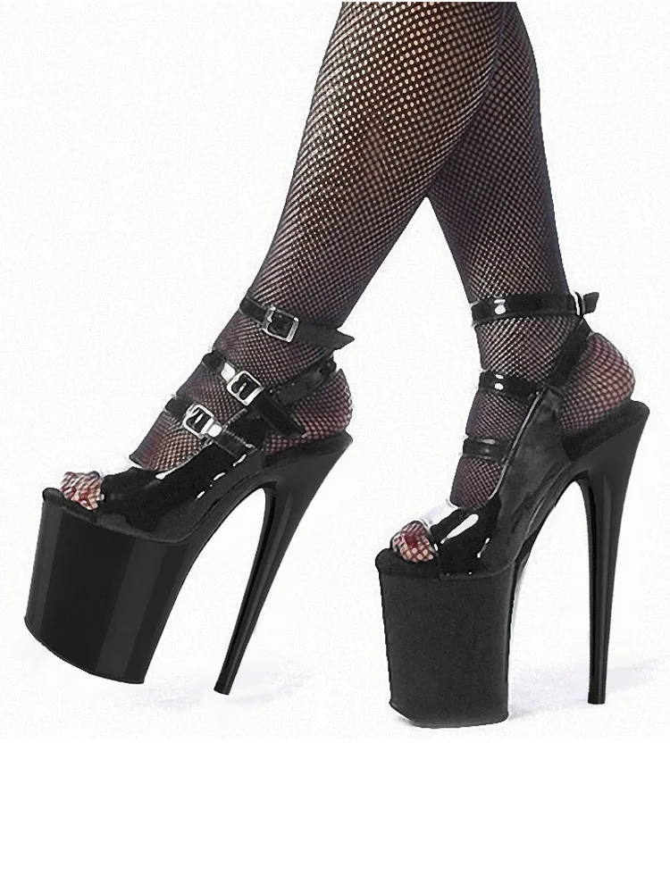 Schwarz Peep Toe Pole Dance Peep Toe Hohe Stripper Heels Gothic Gürtel Schnalle Plattform Sandalen Sexy Frauen Schuhe 20 cm große Größe Exotische