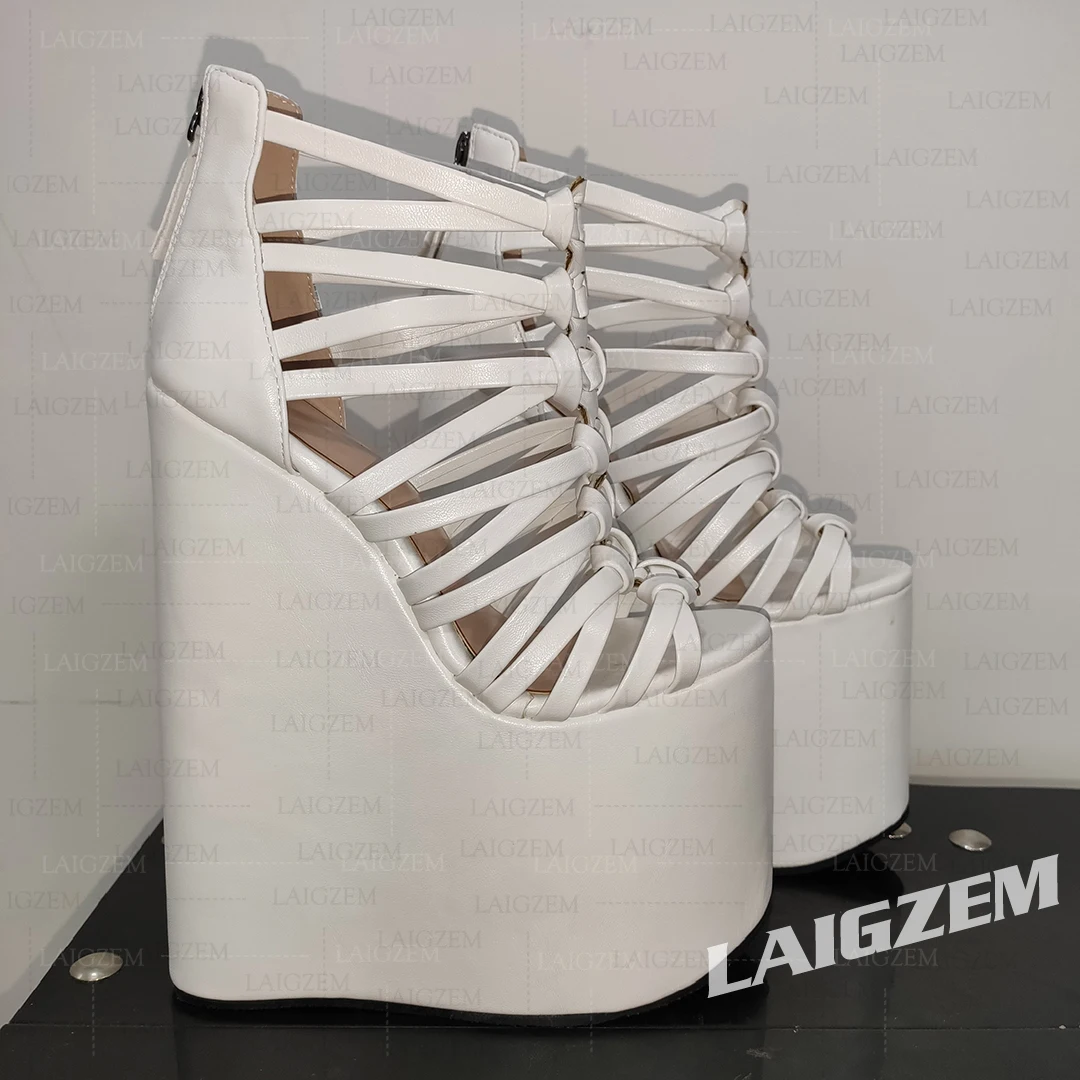 LAIGZEM Frauen Sandalen Plattform Keile Riemchen Offene spitze 22 CM High Heels Pumps Zurück Zip Handgemachte Schuhe Frau Große Größe 39 42 45 48