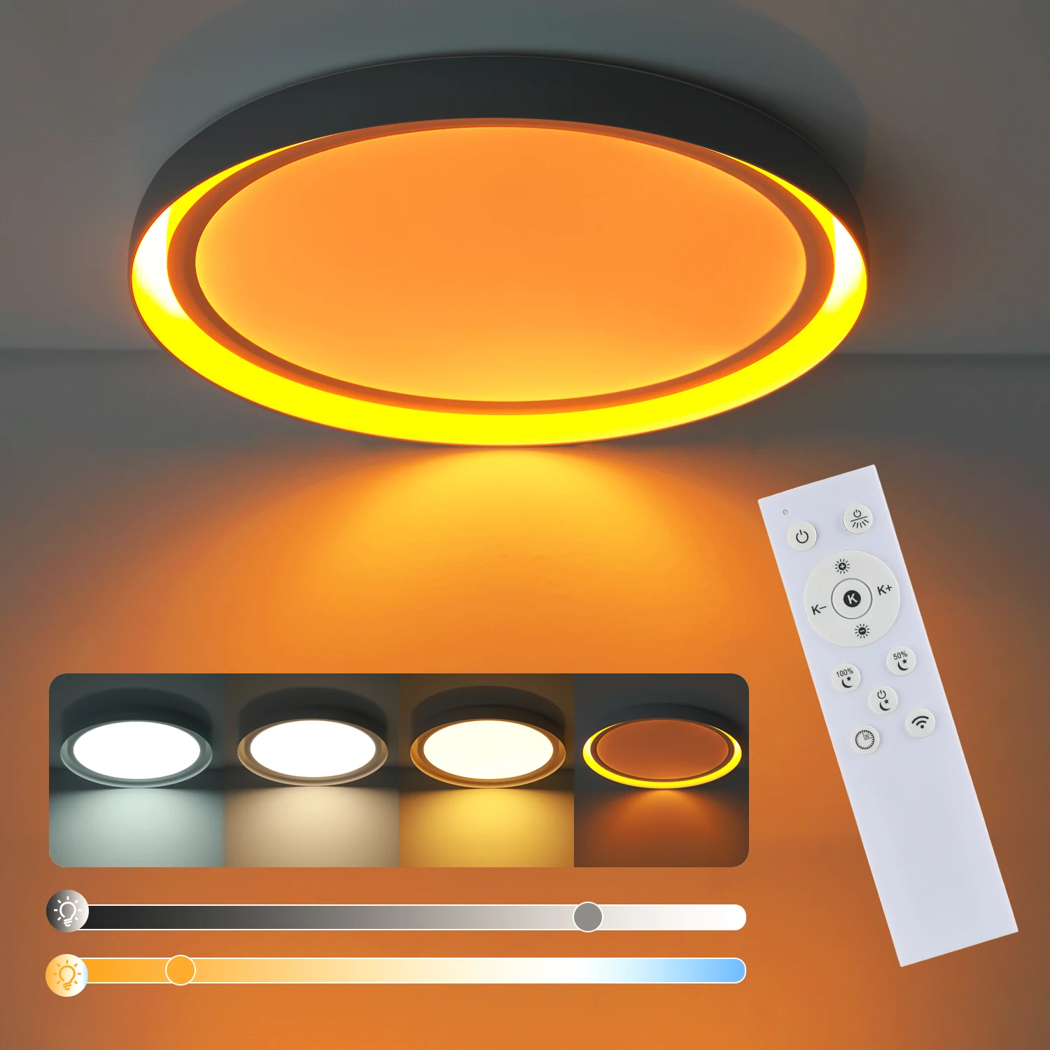 LED-Deckenleuchte mit stufenloser Dimmung, warmes Nachtlicht auf der Rückseite mit Fernbedienung, Deckenleuchte, Schlafzimmer, Wohnzimmer, Nachtlicht