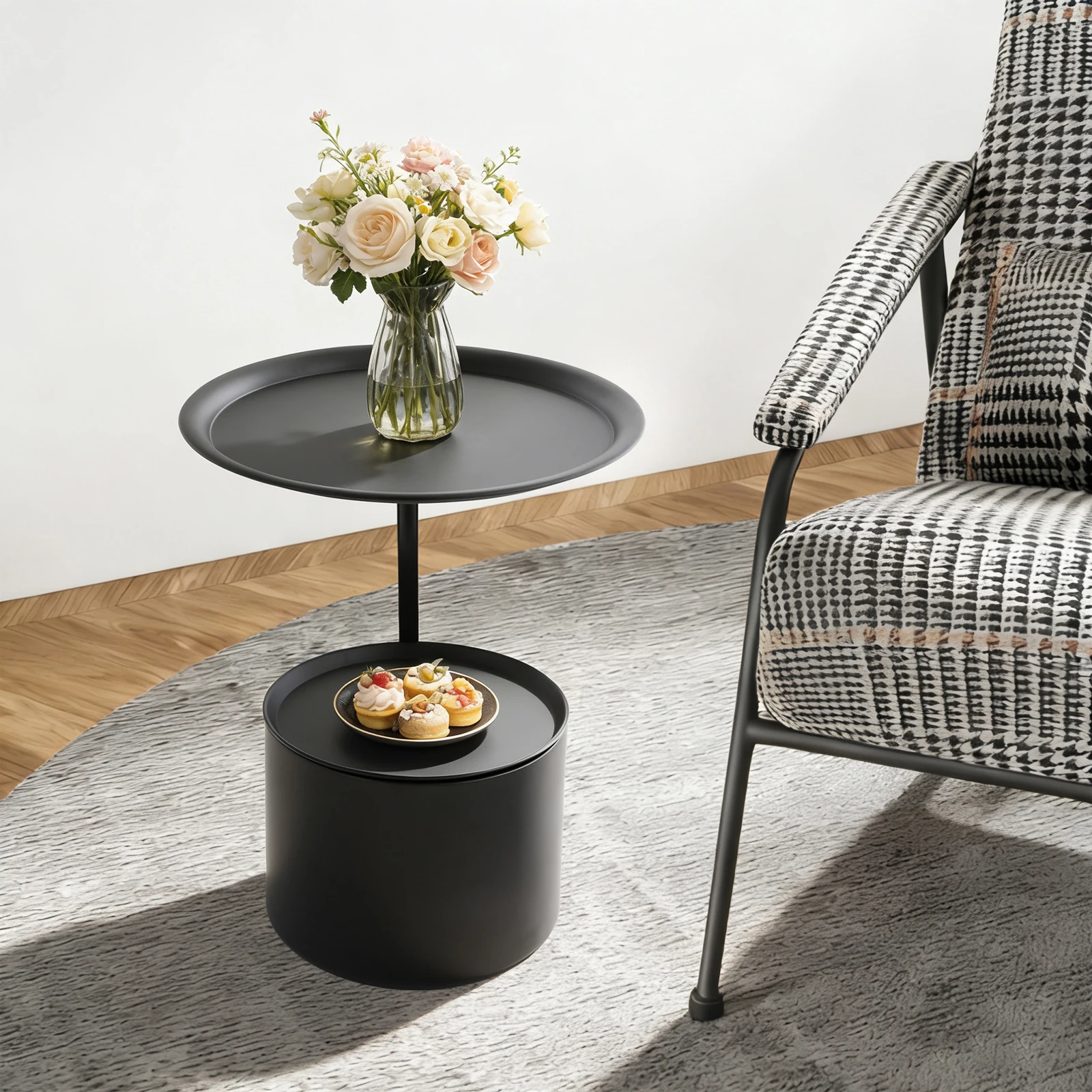 Schwarz/weißer runder Beistelltisch | 40*48cm Couchtisch | Platzsparender Sofatisch mit Aufbewahrungsfunktion Image