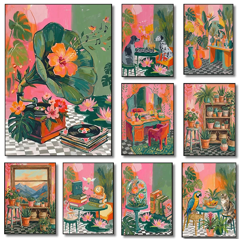 Botanische Poster im Folk-Stil, farbenfrohe Poster, dekorative Zimmerpflanzen, Naturdrucke, Leinwandgemälde, Wandbilder, Heim- und Wohnzimmerdekoration Image