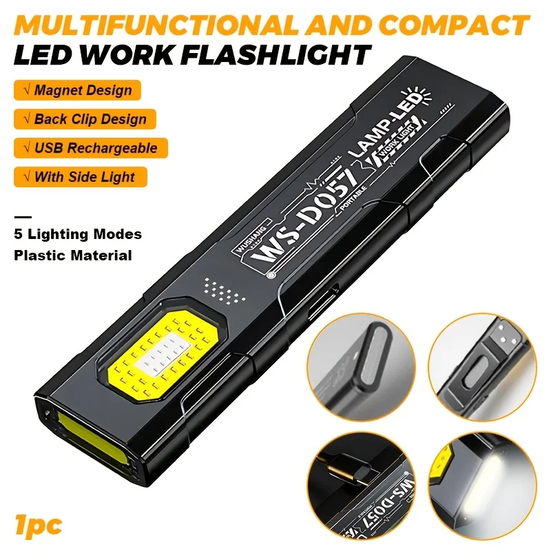 LED-COB-Taschenlampe Typ C, wiederaufladbar, 600 lm, tragbare Mini-Taschenlampe, Taschenlaterne, Flutlicht-Arbeitsleuchte mit Magnet für den Notfall Image
