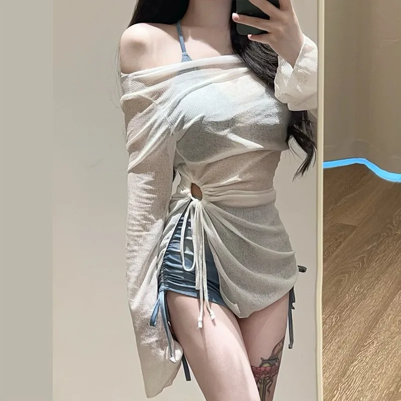 Amerikanischer Sexy Tie-Dye Blauer Sport-Bikini mit Flachwinkel-Split-Design, Dreiteiliges Set, Heißer Frühlings-Badeanzug für Damen Image