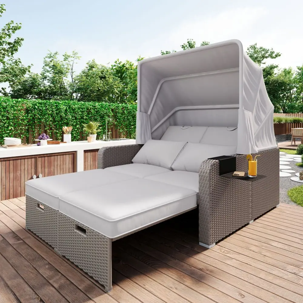 Polyrattan-Gartenmöbel für 2 Personen, Gartensofa, Lounge-Sofa, abnehmbare Markise, Polyrattan und Schwamm, Khaki