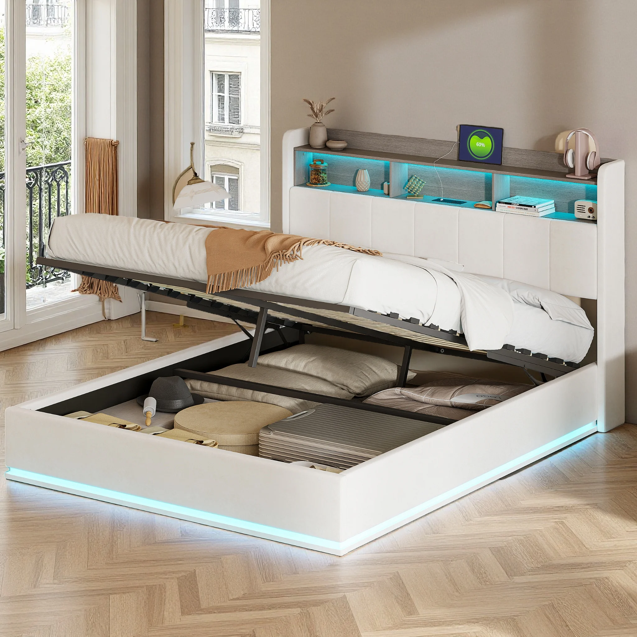 Bett 140x200, Polsterbett Doppelbett mit LED Beleuchtung, Hydraulisches Bett mit Stauraum und Lattenrost, Kopfteil mit Stauraum & Ladestation, Stauraumbett Bettgestell, Samt, Ohne Matratze,Weiß