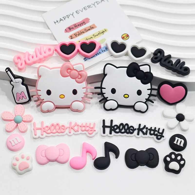 20 Stück Hello Kitty Schuh-Charms für Clogs, Niedliche PVC DIY-Dekorationen, Herz, Schleife, Pfotenabdruck, Schnallen für Mädchen, Party-Geschenke