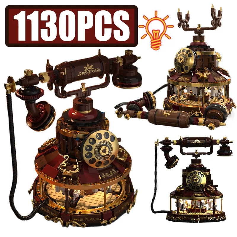MOC Steam Retro Series Telephone Building Blocks Carousel LED Fine Vintage Home Decor Pieces Figures Bricks Toys Festival Gift