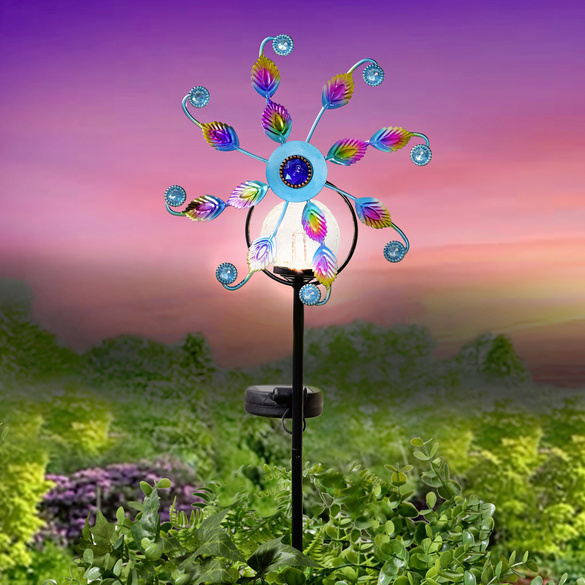 Gartenstecker Windspiel Pfau mit Solarleuchte
