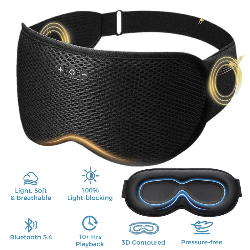 Casque audio sans fil 3D réglable pour dormir, masque pour les yeux doux et lavable, casque Bluetooth 5.4, masque pour les yeux, écouteurs mains libres pour appels