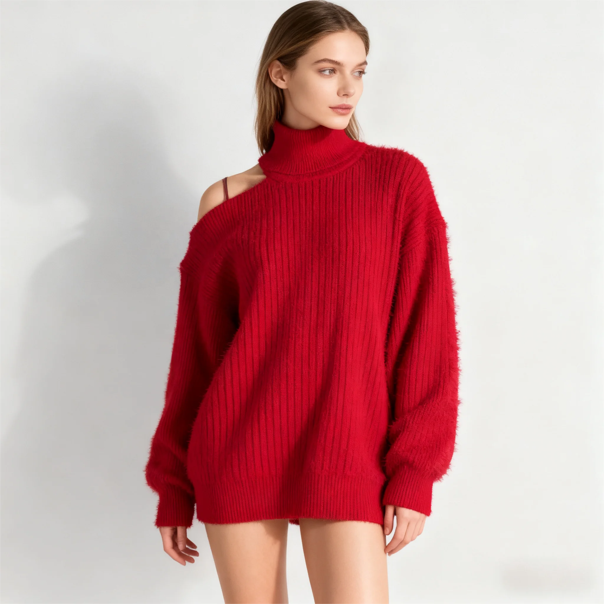 Maglione dolcevita da donna con spalle fredde-Pullover in maglia oversize per moda Casual Street Style e uscite alla moda