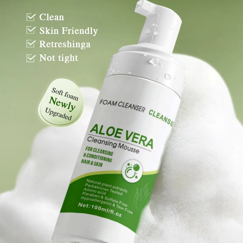 Naturale Aloe Mousse detergente per il viso con aminoacidi e vitamina C Anti-invecchiamento sbiancante pulizia profonda acido ialuronico