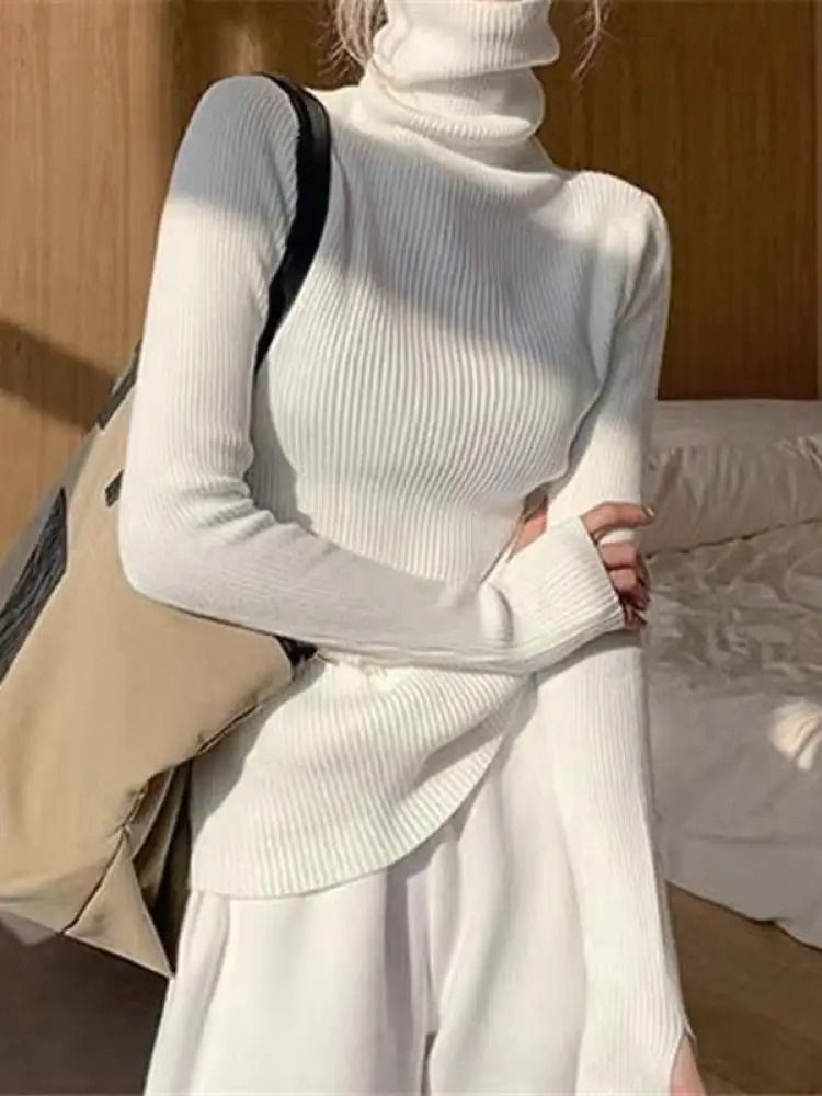 Womens Turtleneck Knit Sweater Korean Style Thumb Hole Pullover Warm Casual Autumn Winter Top beige one Size