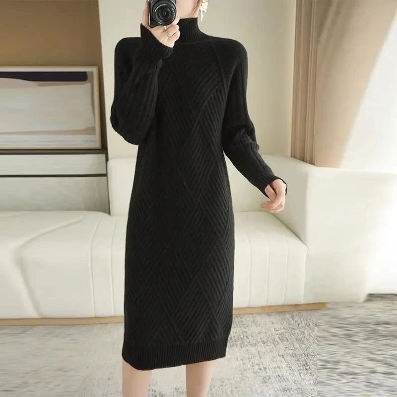 Womens Turtleneck Knit Sweater Dress Long Sleeve Winter Casual Dress khaki xxxl