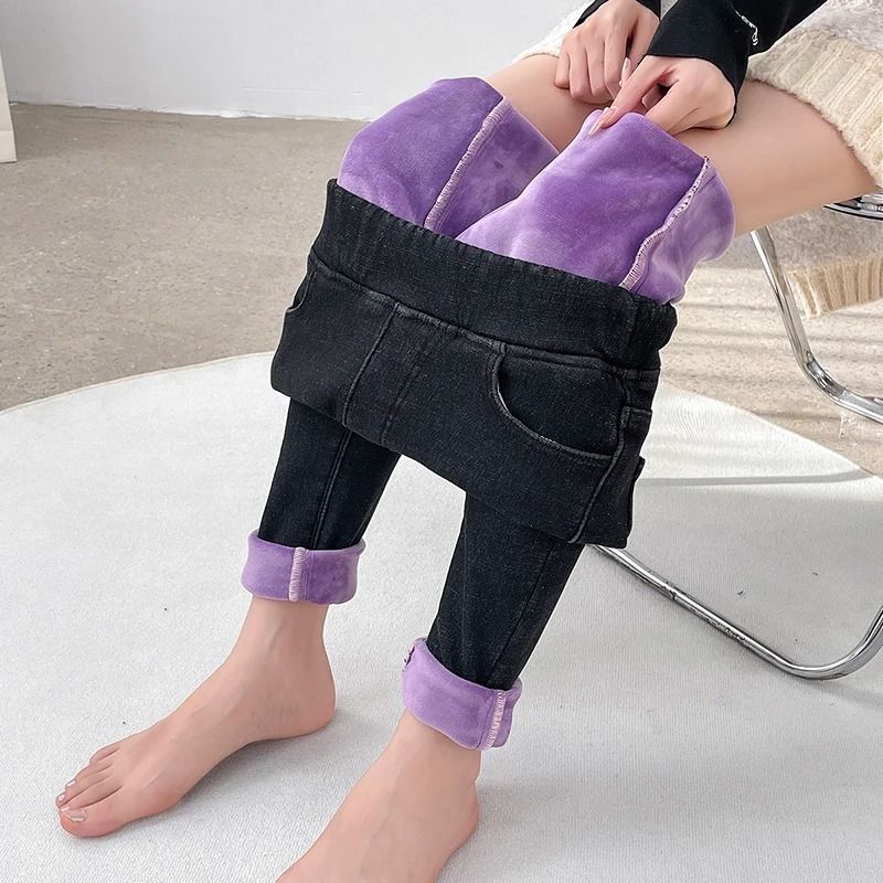 Womens Fleece Lined Winter Jeans Elastic Waist Warm Slim Mom Denim Pants blue xs