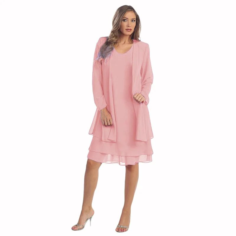 Yihddy Women's 2 Piece Chiffon Dress Set Elegant Long Sleeve Cardigan & Knee Length Party Dress Plus Size pink 16