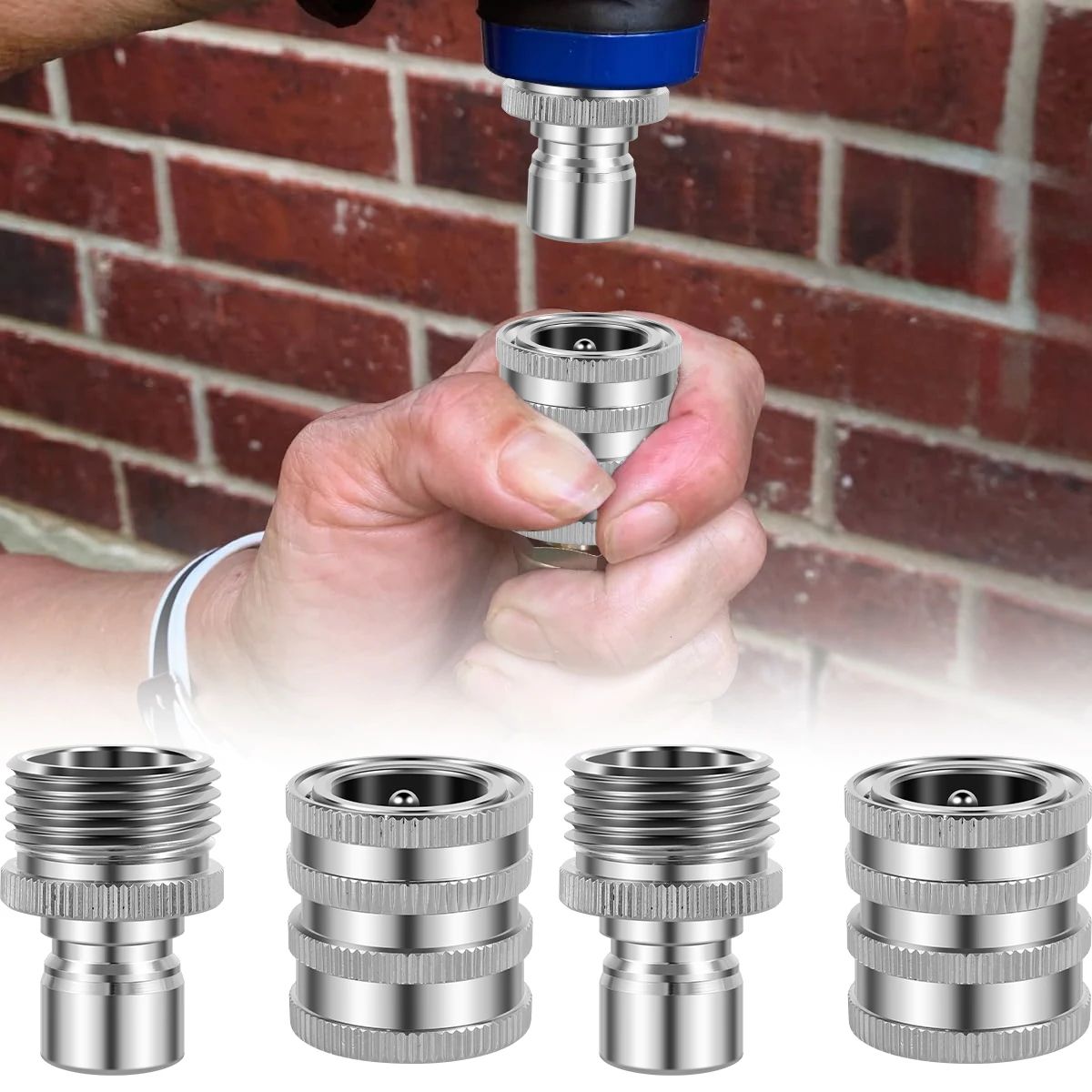 4 Piece Garden Hose Quick Connector Set Stainless Steel Leak Proof Hose Fittings 4 Piece Garden Hose Quick Connector Set Stainless Steel Leak Proof Hose Fittings
