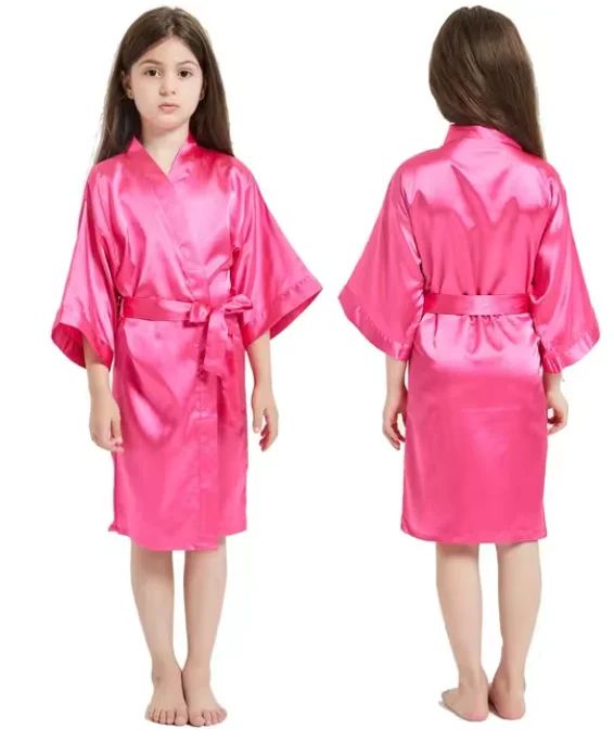 Girls Pink Satin Silk Kimono Robe Kids Short Sleeve Bathrobe Summer Sleepwear Party Dress pink 12