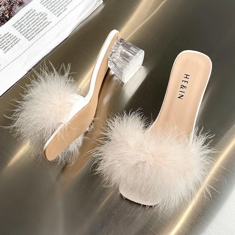 Sexy Faux Fox Fur Square Toe Pumps Elegant Chunky Heel Summer Slippers pink 6.5