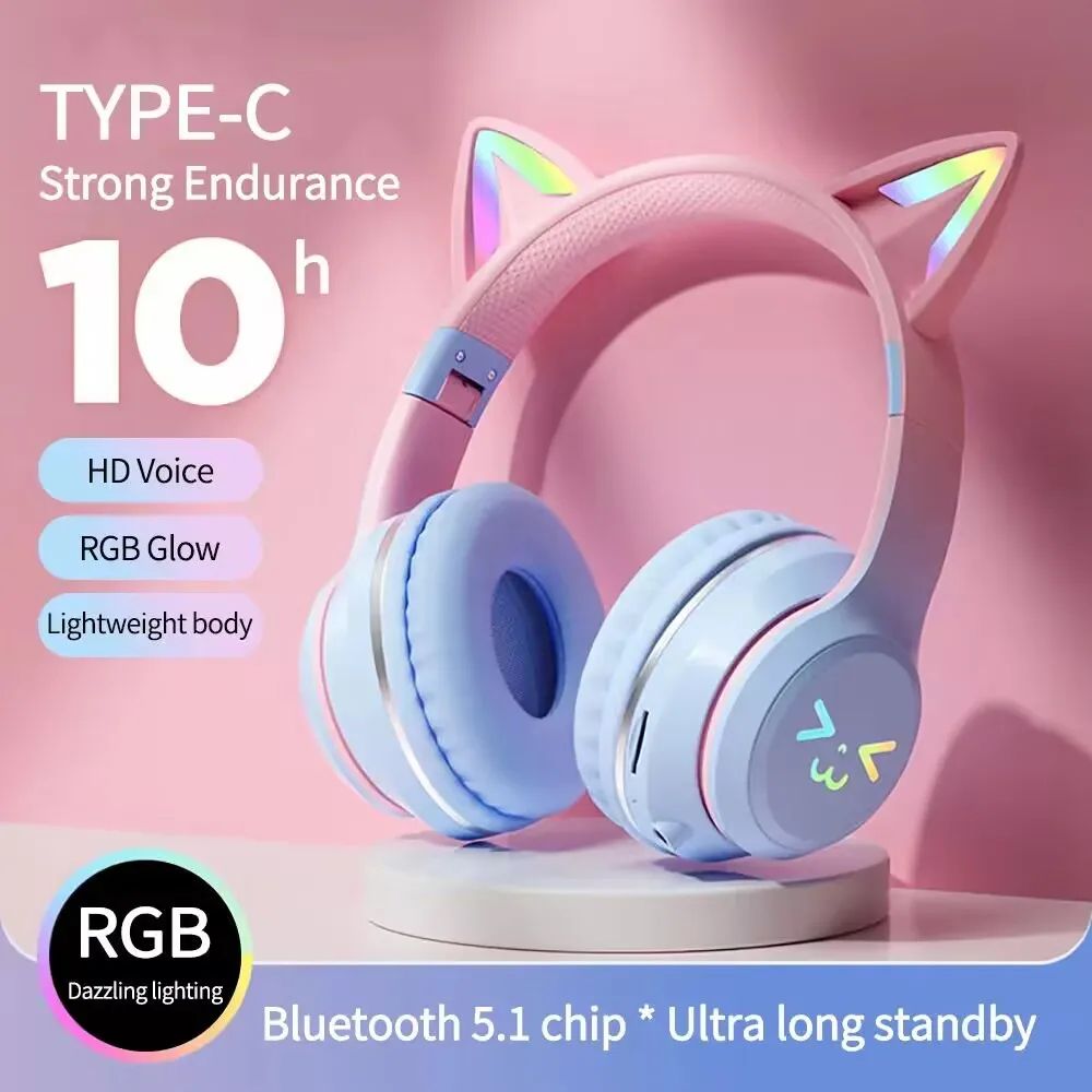 RGB Cat Ear Wireless Gaming Headset With Bluetooth And Cable blue