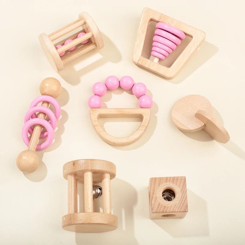 Montessori Wooden Baby Rattle & Soother Bracelet Set Colorful Food Grade Toddler Toy wood