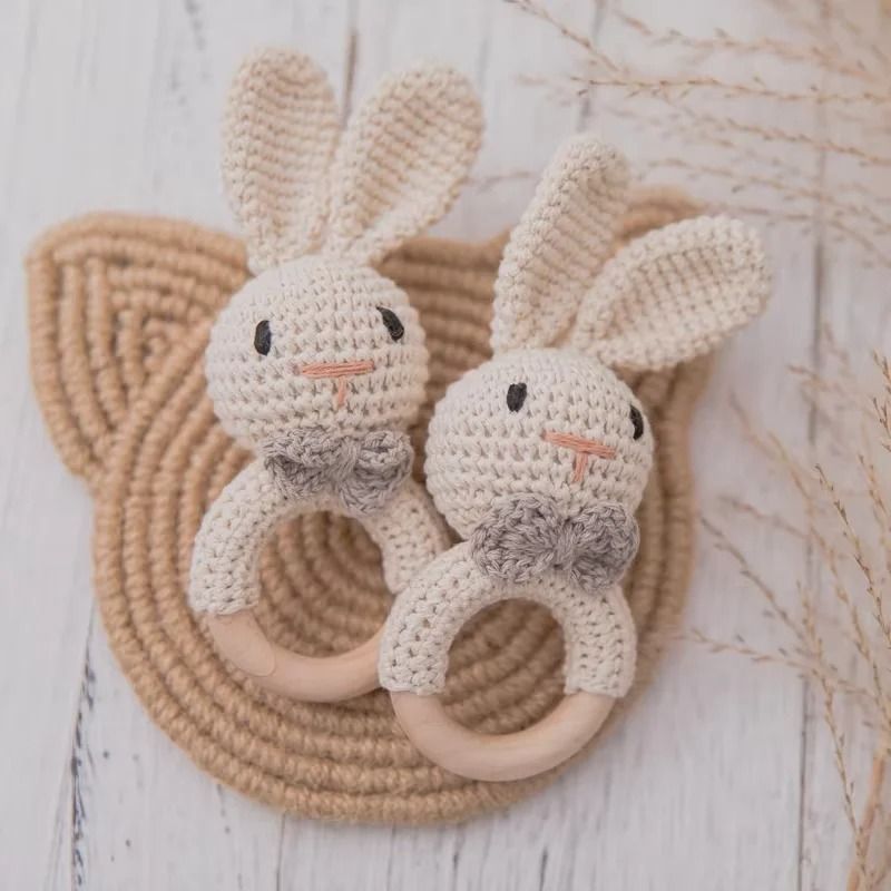 Baby Crochet Bunny Rattle & Wooden Teether Newborn Educational Music Toy elephant