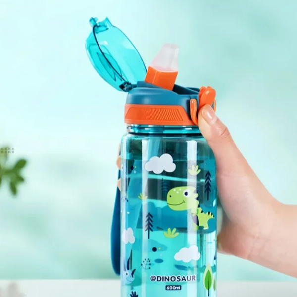 Dinosaur Water Bottle For Kids Leakproof Sippy Cup With Silicone Straw blue