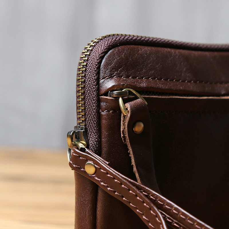 Vintage Genuine Leather Wallet & Phone Bag For Men And Women Zippered Cowhide Card Holder coffee Color