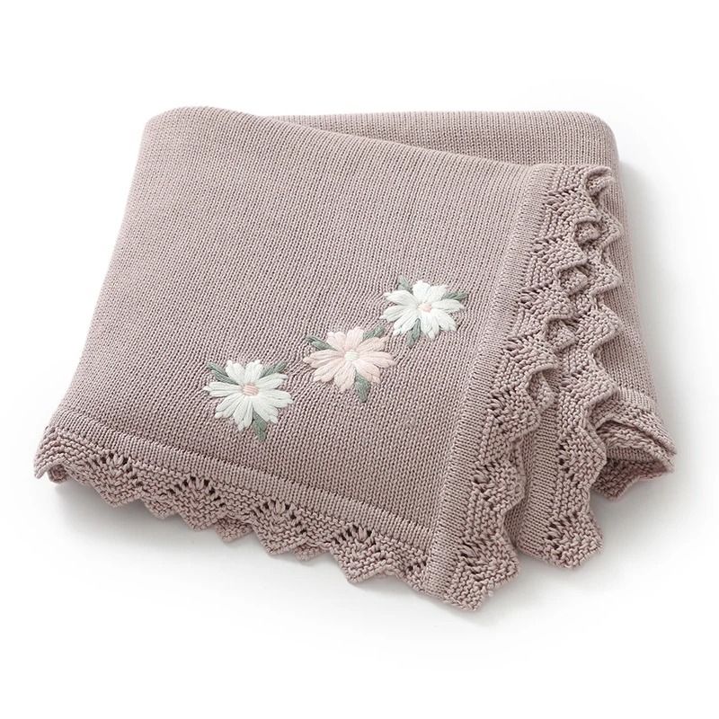 Blossom Knit Embroidered Cotton Baby Blanket beige
