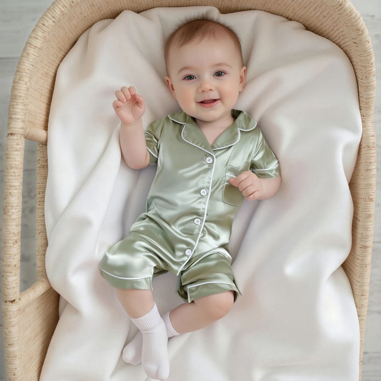 Luxury Soft Satin Baby Pajama Romper Breathable Newborn Summer Sleepwear green 3 6 Months