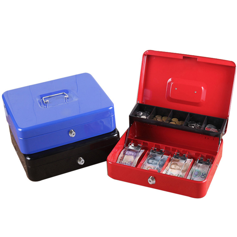 Desk Steel Safe Cash Box With Lock Coin Compartment & Bill Clips For Cash Register & Home Organization password Red